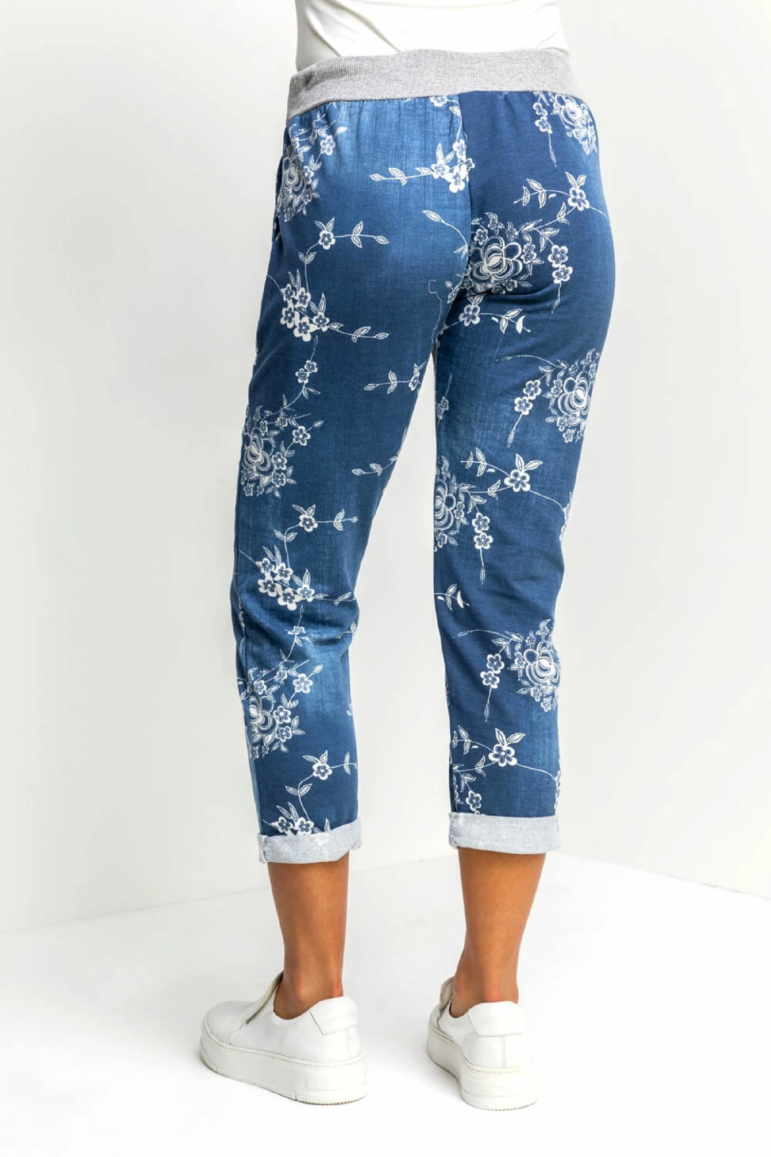 Roman Blue Indigo Floral Print Roll Hem Joggers 5 Roman Blue Indigo Floral Print Roll Hem Joggers - Image 3