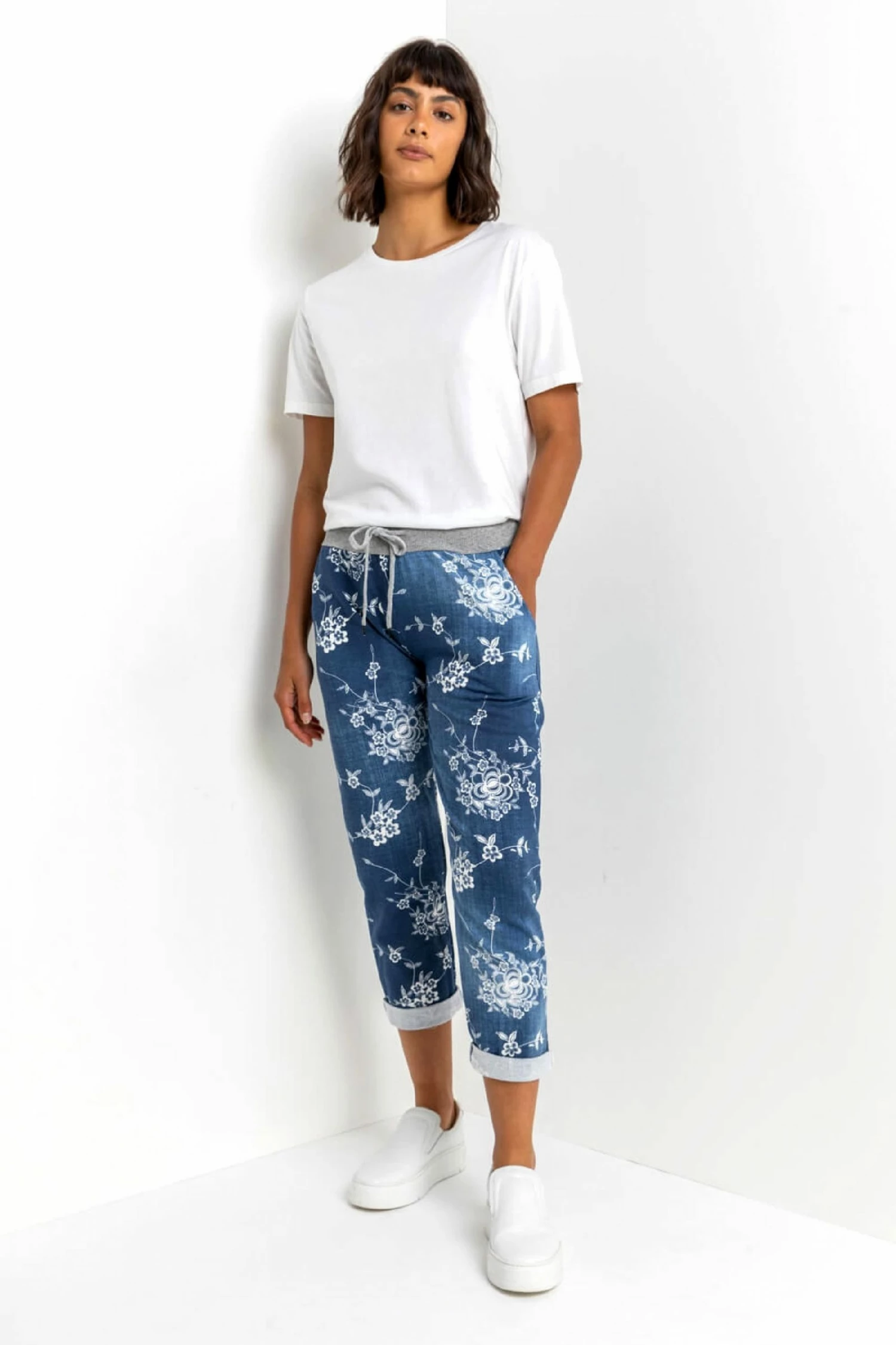 Roman Blue Indigo Floral Print Roll Hem Joggers 6 Roman Blue Indigo Floral Print Roll Hem Joggers - Image 4