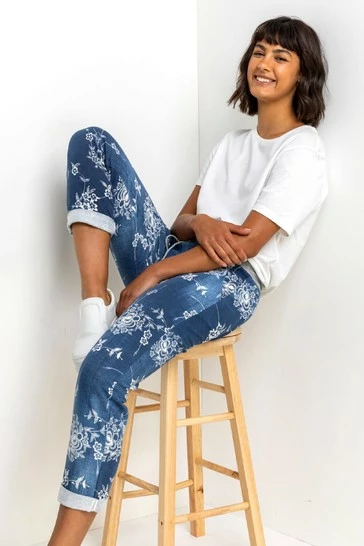 Roman Blue Indigo Floral Print Roll Hem Joggers 7 Roman Blue Indigo Floral Print Roll Hem Joggers - Image 5
