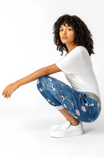 Roman Blue Indigo Floral Print Roll Hem Joggers 8 Roman Blue Indigo Floral Print Roll Hem Joggers - Image 6