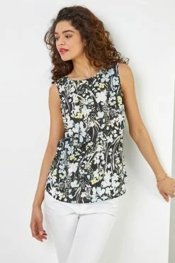 Roman Black Contrast Floral Print Vest Top