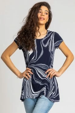 Roman Blue Abstract Linear Print Swing Top