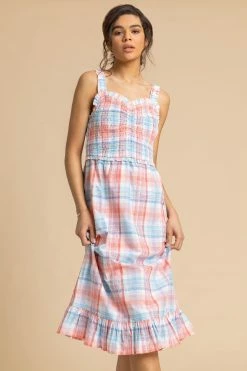 Roman Blue Check Print Shirred Frill Trim Midi Dress