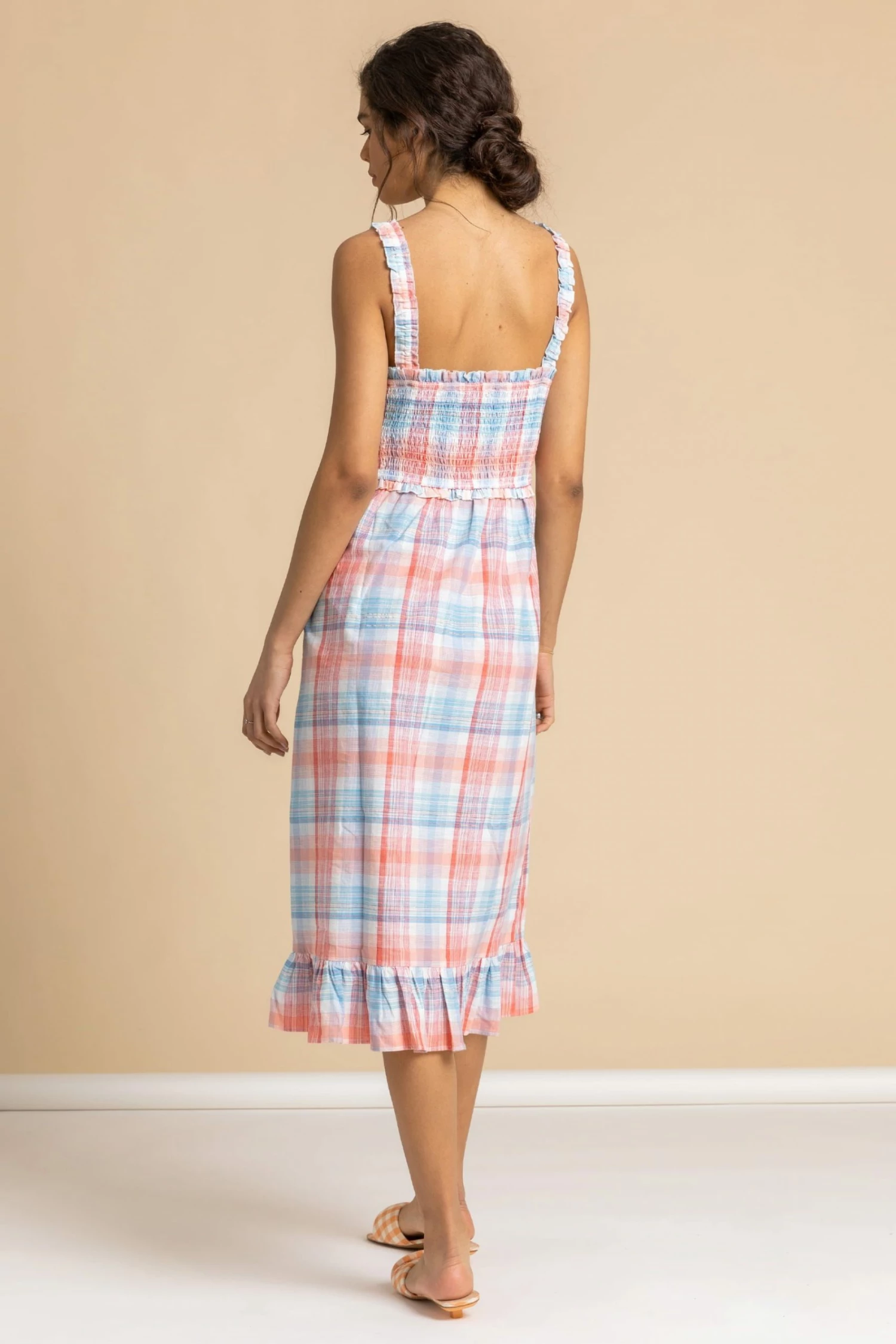 Roman Blue Check Print Shirred Frill Trim Midi Dress 4 Roman Blue Check Print Shirred Frill Trim Midi Dress - Image 2