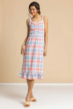 Roman Blue Check Print Shirred Frill Trim Midi Dress 9 Roman Blue Check Print Shirred Frill Trim Midi Dress -Roman Sales Shop unnamed file 13059