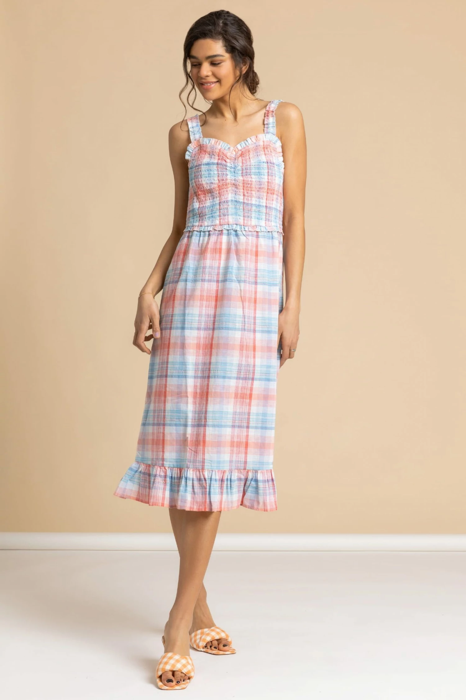 Roman Blue Check Print Shirred Frill Trim Midi Dress 5 Roman Blue Check Print Shirred Frill Trim Midi Dress - Image 3