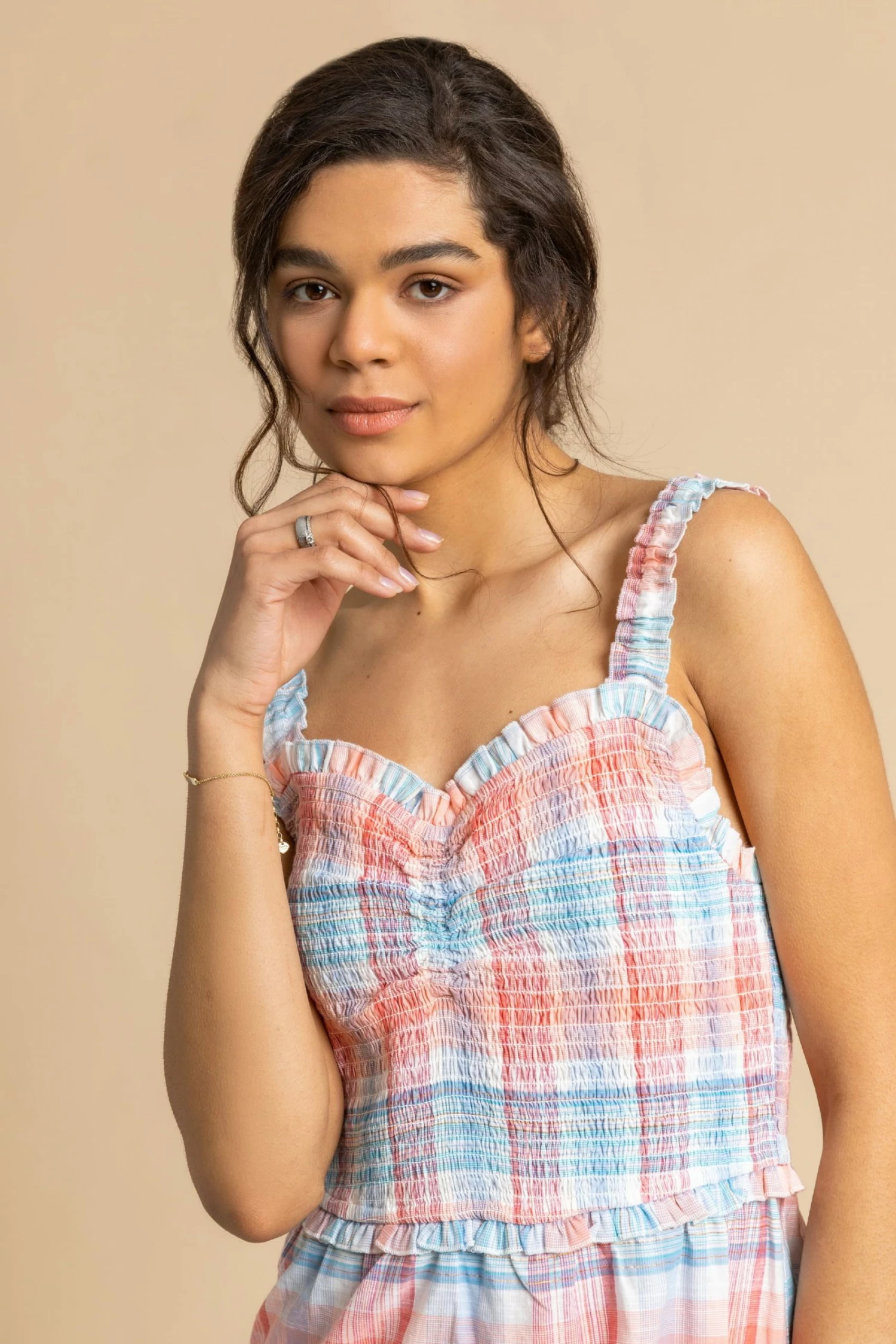 Roman Blue Check Print Shirred Frill Trim Midi Dress 6 Roman Blue Check Print Shirred Frill Trim Midi Dress - Image 4