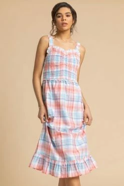 Roman Blue Check Print Shirred Frill Trim Midi Dress 11 Roman Blue Check Print Shirred Frill Trim Midi Dress -Roman Sales Shop unnamed file 13061