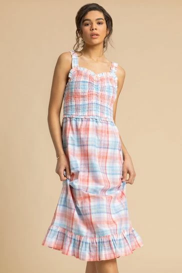 Roman Blue Check Print Shirred Frill Trim Midi Dress 7 Roman Blue Check Print Shirred Frill Trim Midi Dress - Image 5