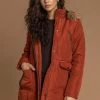 Roman Orange Faux Leather Trim Hooded Parka Coat