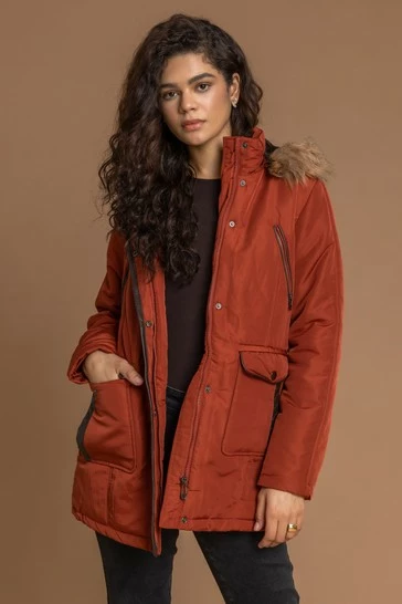 Roman Orange Faux Leather Trim Hooded Parka Coat 7 Roman Orange Faux Leather Trim Hooded Parka Coat - Image 5
