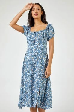 Roman Blue Ditsy Floral Tie Neck Midi Dress