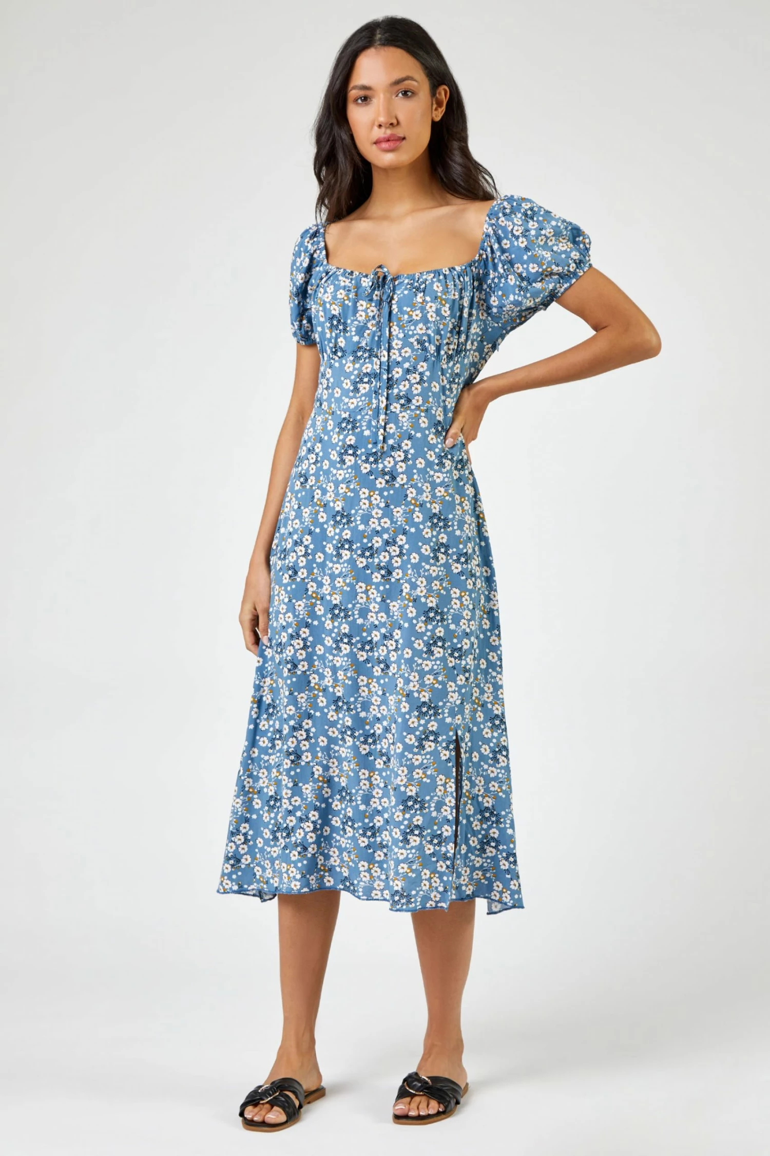 Roman Blue Ditsy Floral Tie Neck Midi Dress 5 Roman Blue Ditsy Floral Tie Neck Midi Dress - Image 3