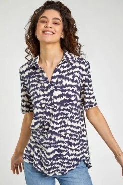 Roman Navy Abstract Print Jersey Top