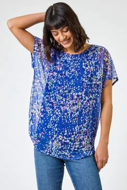 Roman Blue Spot Print Mesh Overlay Top