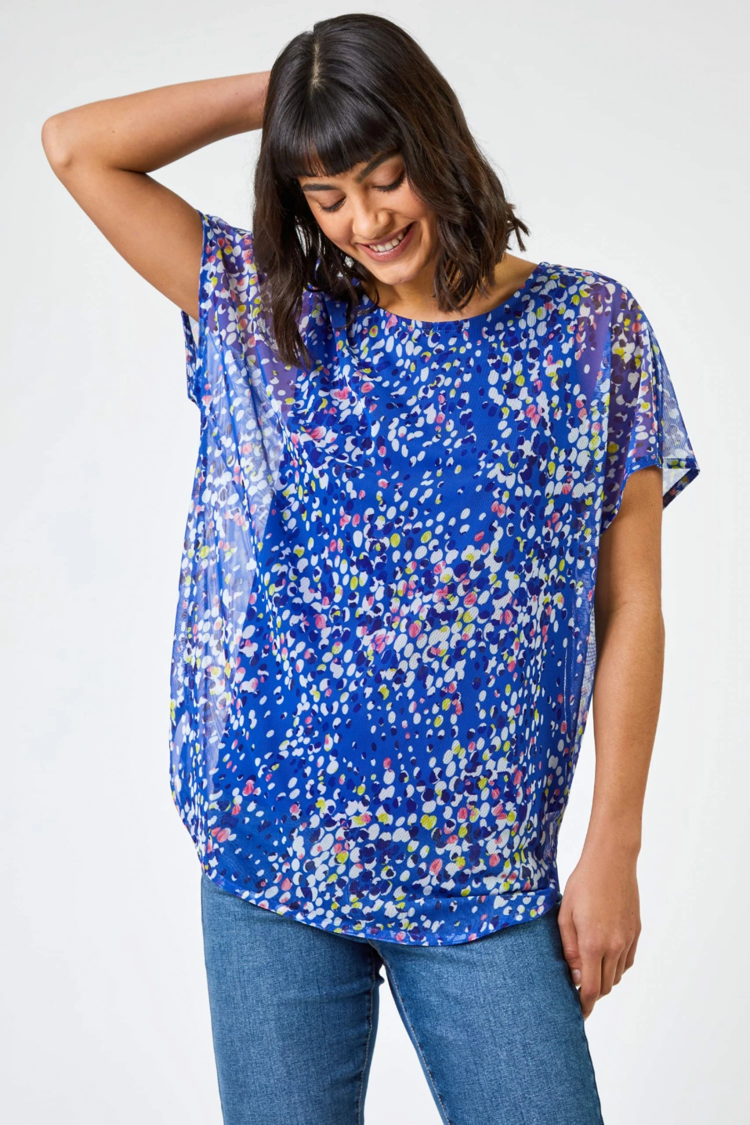Roman Blue Spot Print Mesh Overlay Top 3 Roman Blue Spot Print Mesh Overlay Top