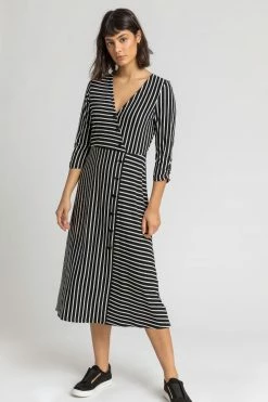Roman Black Stripe Print Button Detail Midi Dress