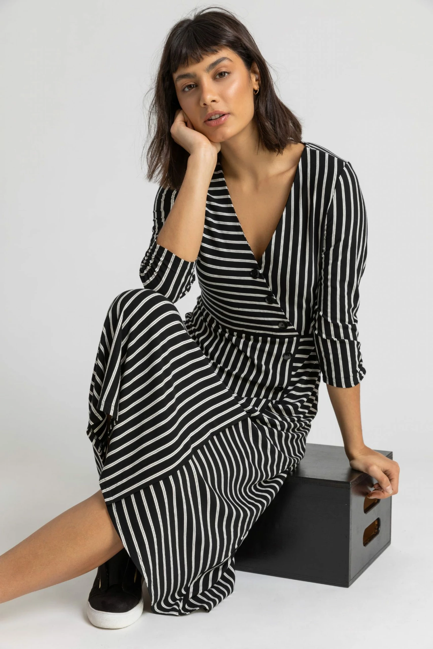 Roman Black Stripe Print Button Detail Midi Dress 5 Roman Black Stripe Print Button Detail Midi Dress - Image 3