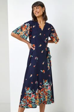 Roman Navy Floral Border Print Wrap Dress