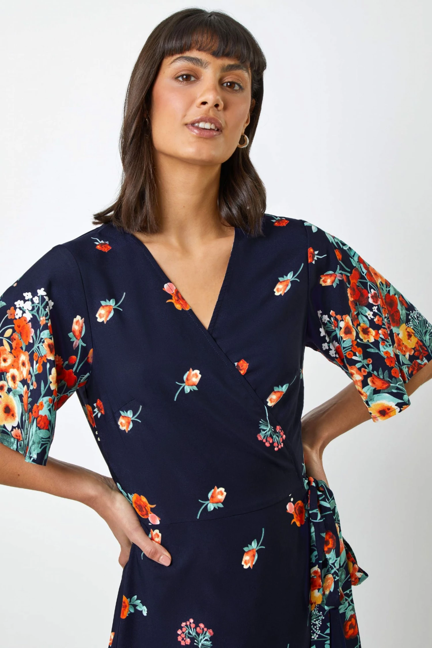 Roman Navy Floral Border Print Wrap Dress 6 Roman Navy Floral Border Print Wrap Dress - Image 4