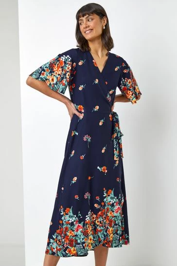 Roman Navy Floral Border Print Wrap Dress 7 Roman Navy Floral Border Print Wrap Dress - Image 5
