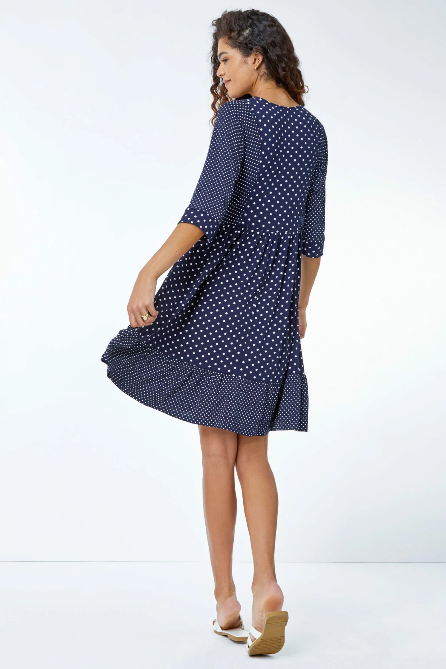 Roman Blue Polka Dot Contrast Print Stretch Dress 5 Roman Blue Polka Dot Contrast Print Stretch Dress - Image 3