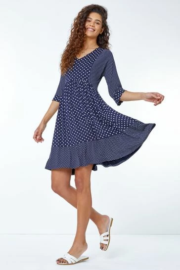 Roman Blue Polka Dot Contrast Print Stretch Dress 8 Roman Blue Polka Dot Contrast Print Stretch Dress - Image 6