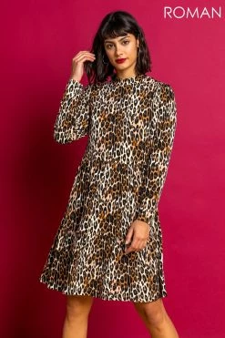 Roman Brown Animal Print Skater Dress