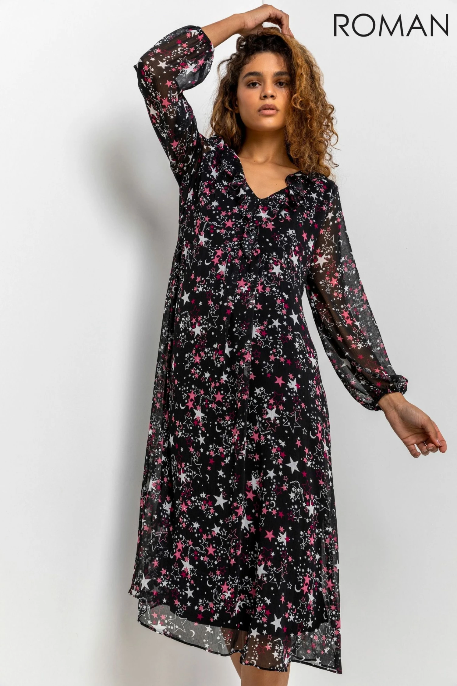 Roman Black Star Print Chiffon Midi Dress 3 Roman Black Star Print Chiffon Midi Dress