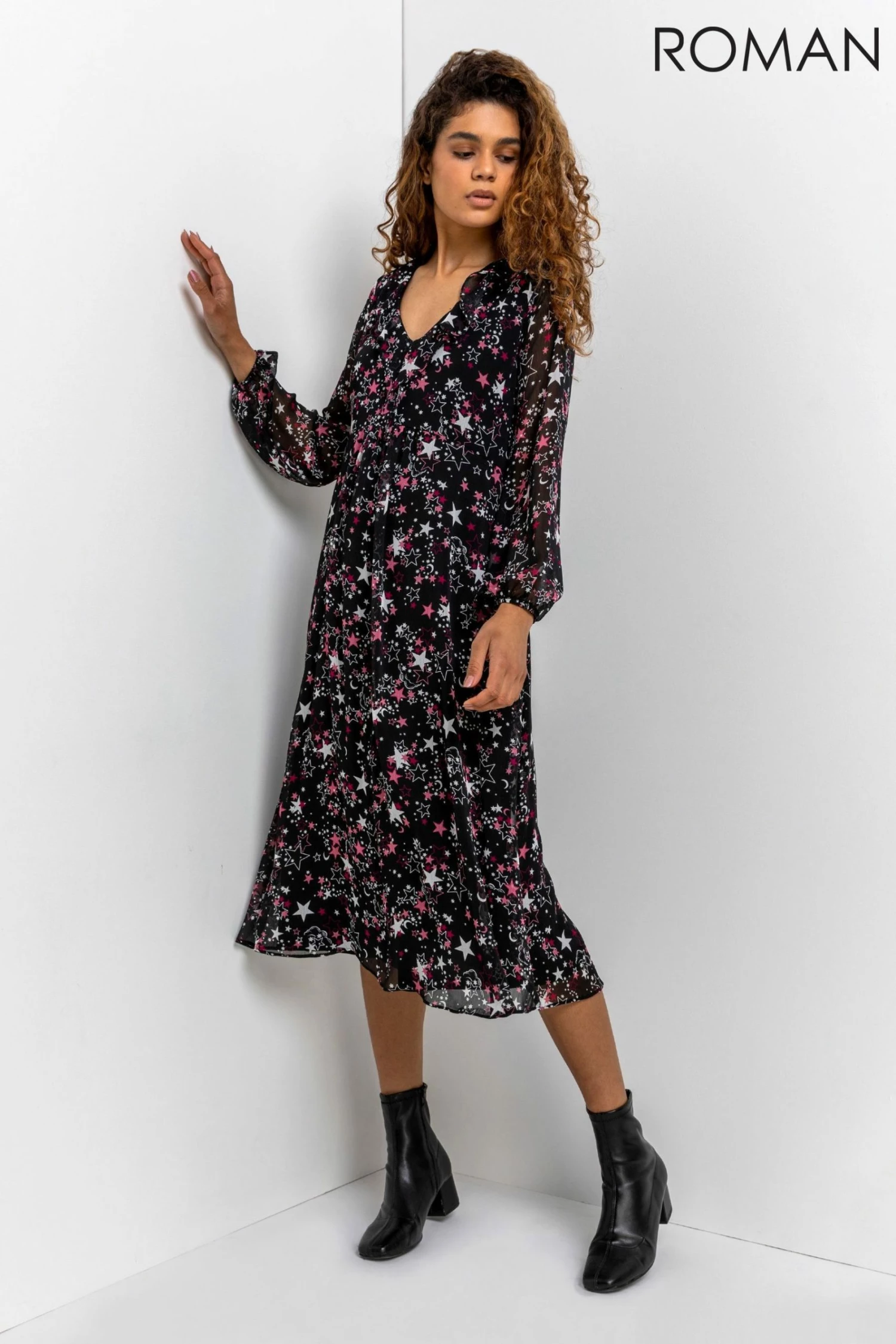 Roman Black Star Print Chiffon Midi Dress 4 Roman Black Star Print Chiffon Midi Dress - Image 2