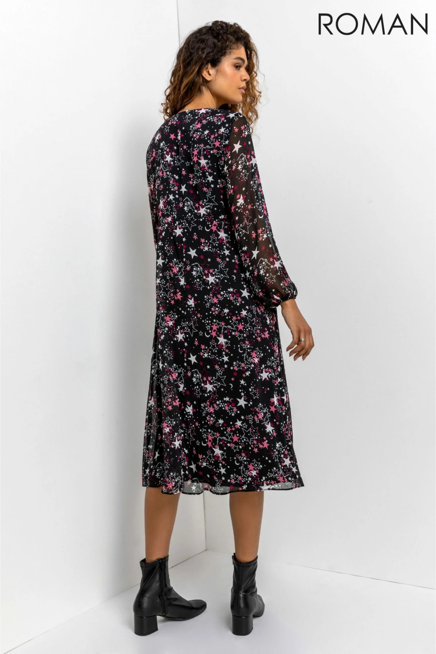 Roman Black Star Print Chiffon Midi Dress 5 Roman Black Star Print Chiffon Midi Dress - Image 3