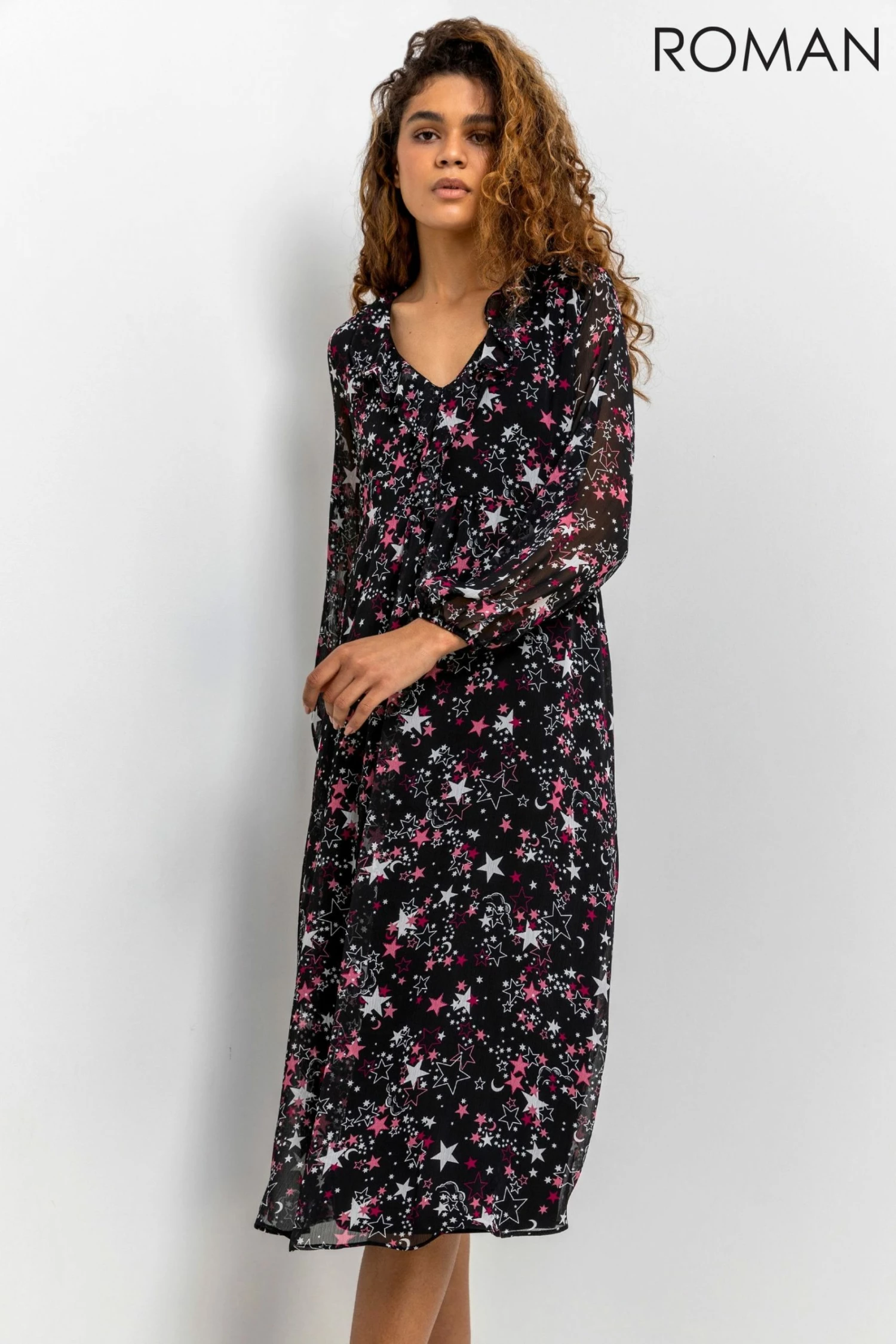 Roman Black Star Print Chiffon Midi Dress 6 Roman Black Star Print Chiffon Midi Dress - Image 4