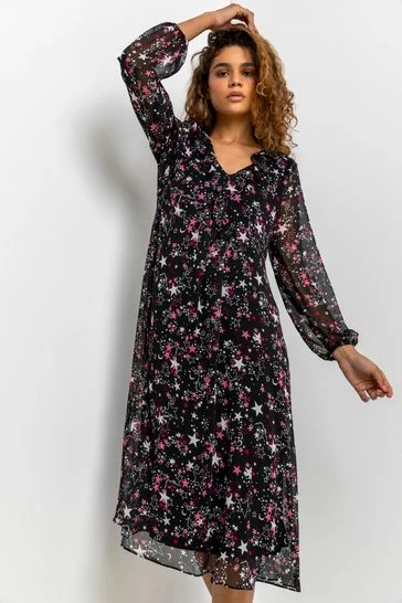 Roman Black Star Print Chiffon Midi Dress 7 Roman Black Star Print Chiffon Midi Dress - Image 5