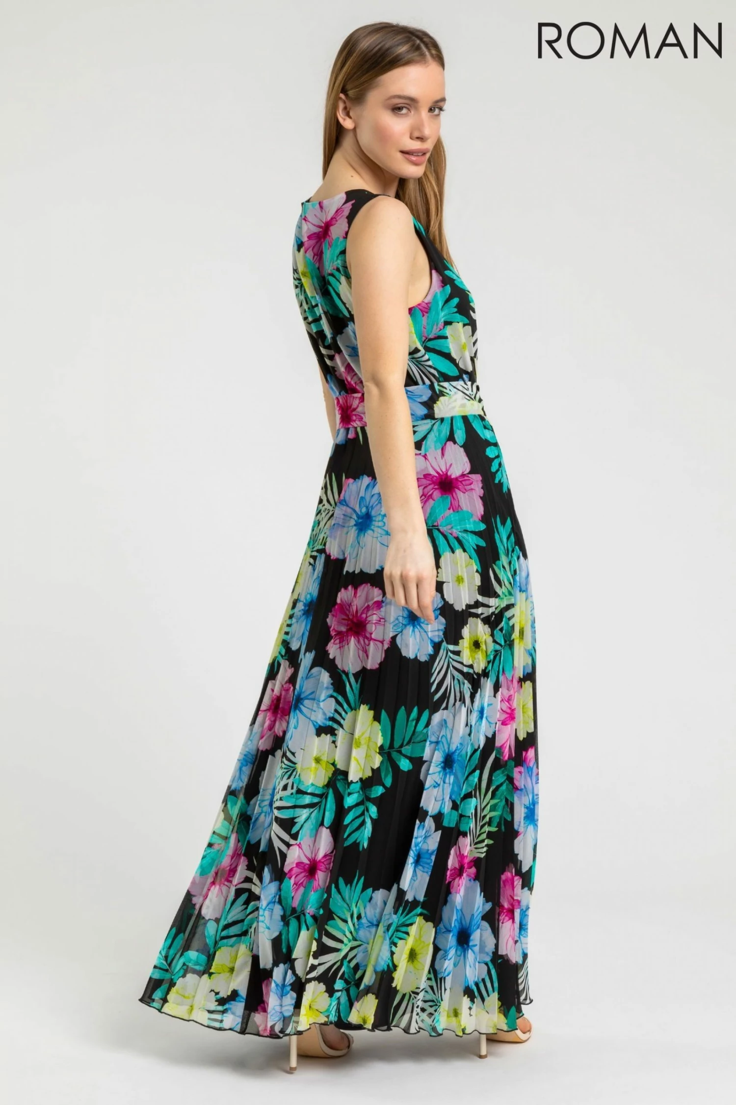 Roman Black Petite Floral Pleated Maxi Dress 4 Roman Black Petite Floral Pleated Maxi Dress - Image 2