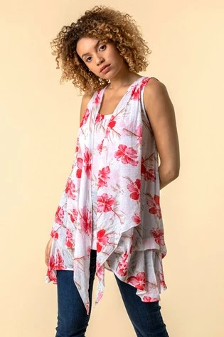 Roman Red Floral Print Crinkle Tunic Top 7 Roman Red Floral Print Crinkle Tunic Top - Image 5