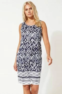 Roman Navy Abstract Border Print Jersey Shift Dress