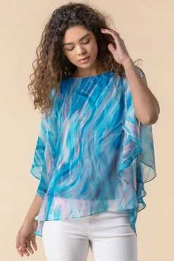 Roman Blue Abstract Print Chiffon Top