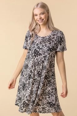 Roman Black Floral Print Swing Dress