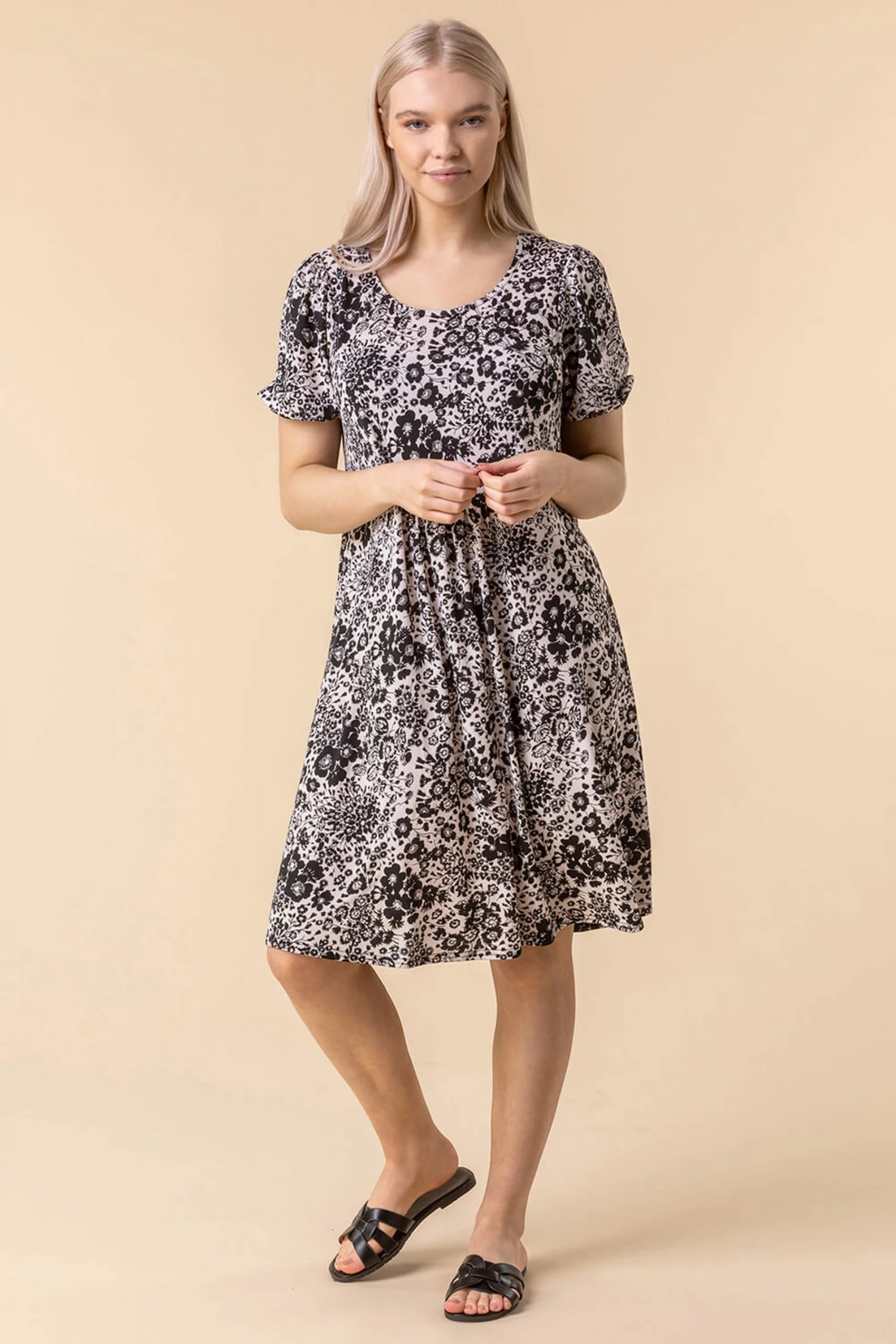Roman Black Floral Print Swing Dress 5 Roman Black Floral Print Swing Dress - Image 3