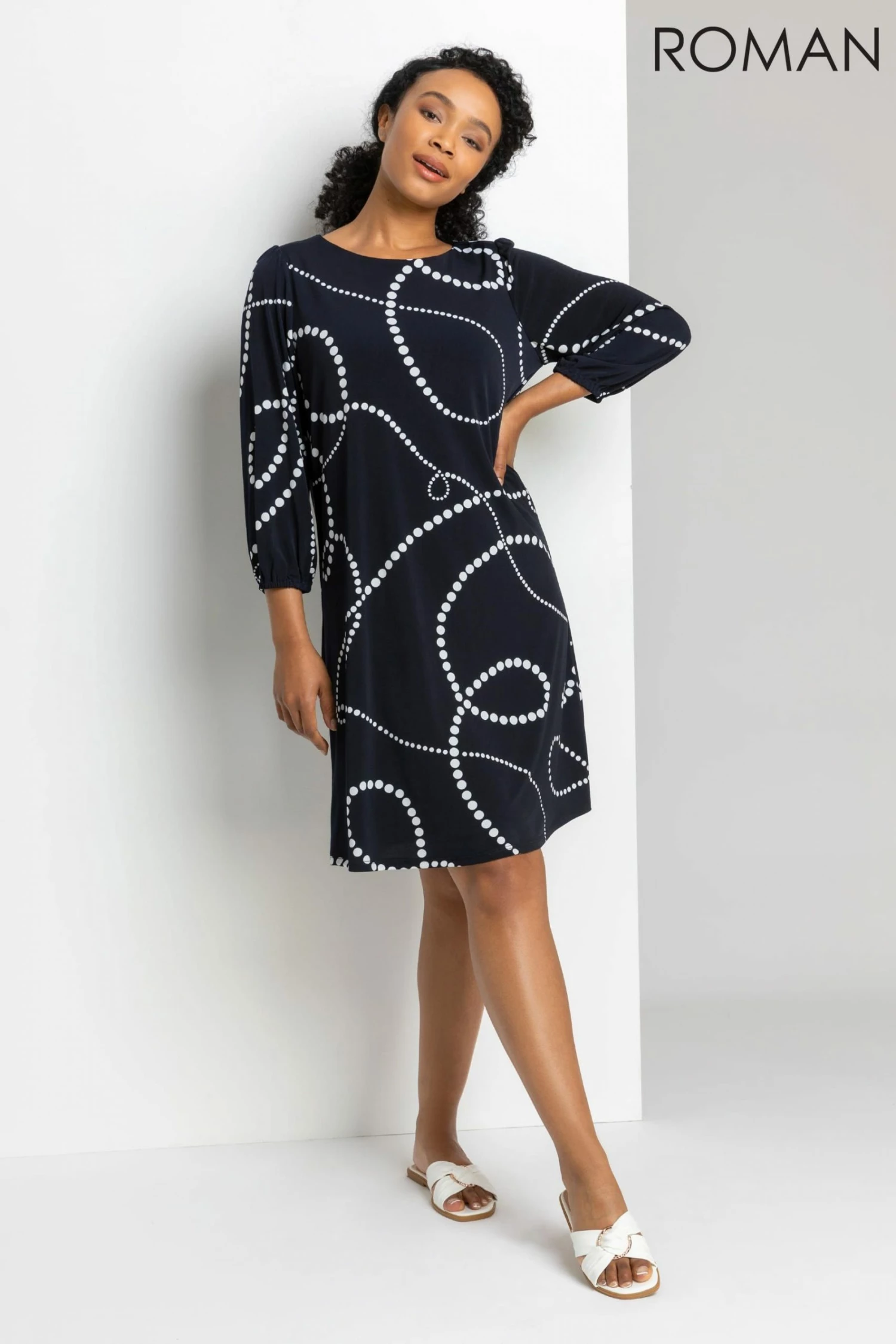 Roman Blue Petite Linear Spot Print Shift Dress 5 Roman Blue Petite Linear Spot Print Shift Dress - Image 3