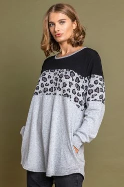 Roman Grey Curve Animal Print Colourblock Top