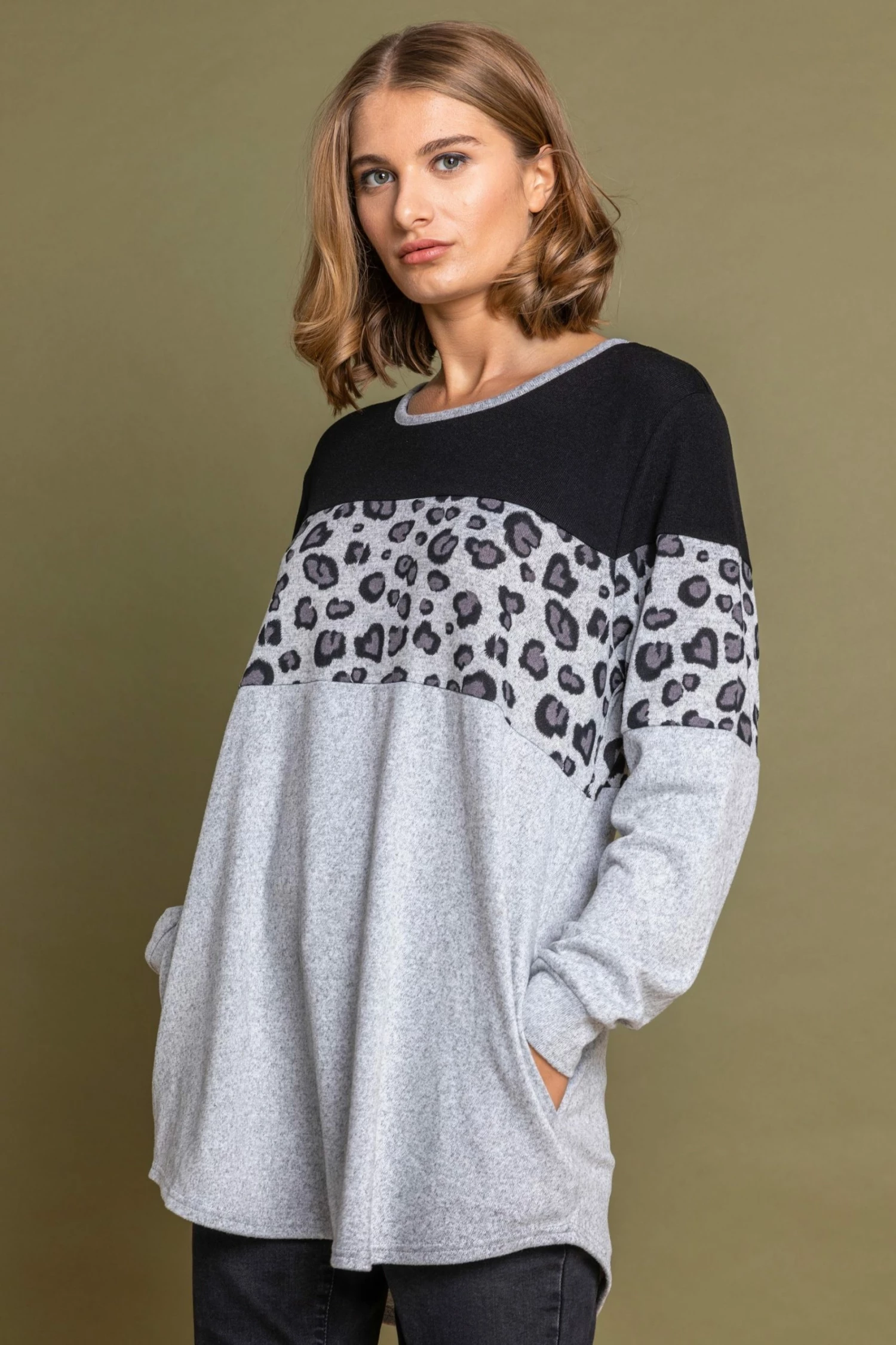 Roman Grey Curve Animal Print Colourblock Top 3 Roman Grey Curve Animal Print Colourblock Top