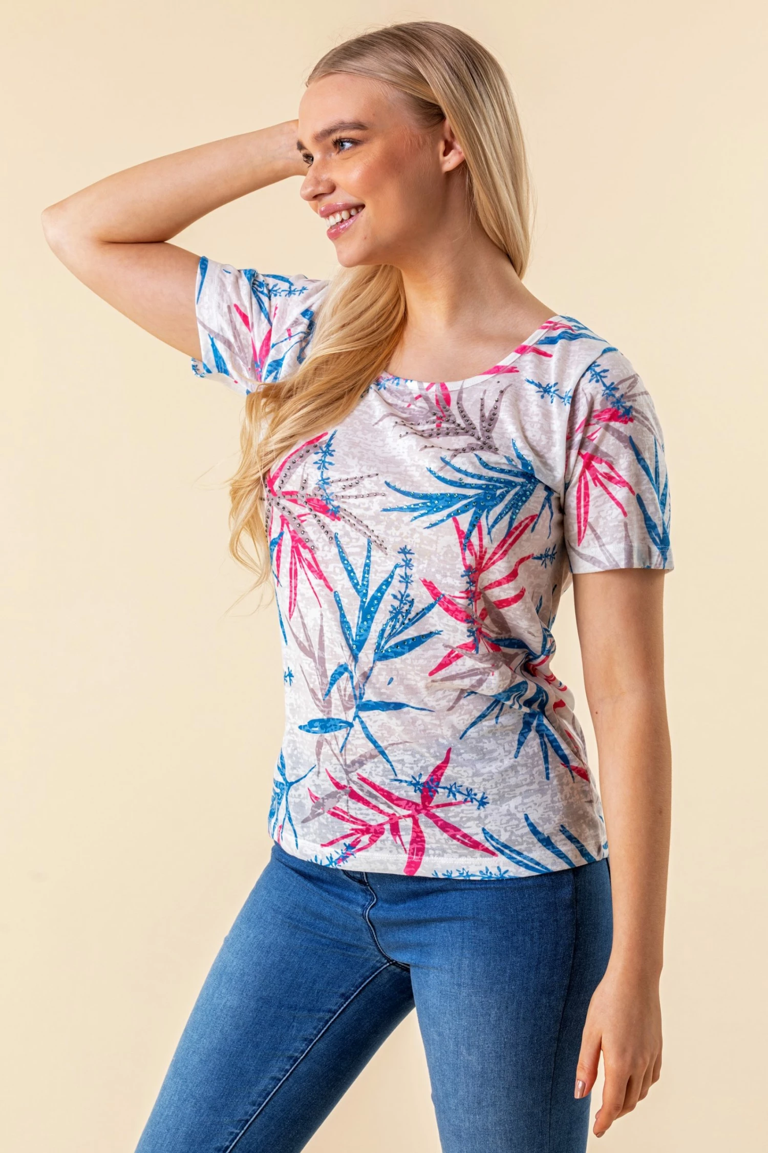 Roman Cream Leaf Print Diamante Embellished T-Shirt 5 Roman Cream Leaf Print Diamante Embellished T-Shirt - Image 3
