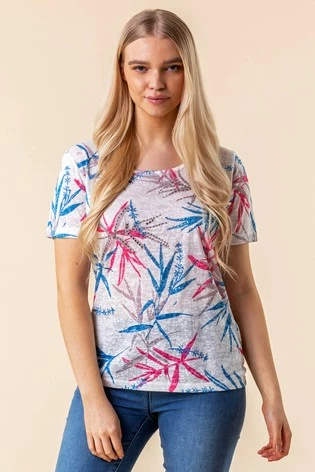 Roman Cream Leaf Print Diamante Embellished T-Shirt 7 Roman Cream Leaf Print Diamante Embellished T-Shirt - Image 5