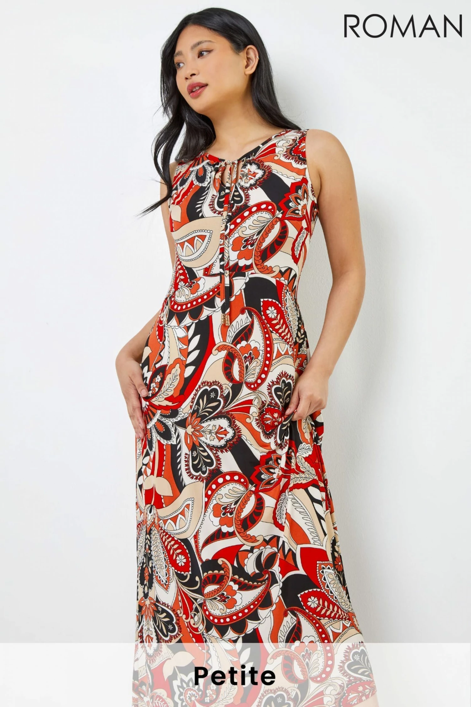 Roman Orange & Red Petite Paisley Print Tie Neck Maxi Dress 3 Roman Orange & Red Petite Paisley Print Tie Neck Maxi Dress