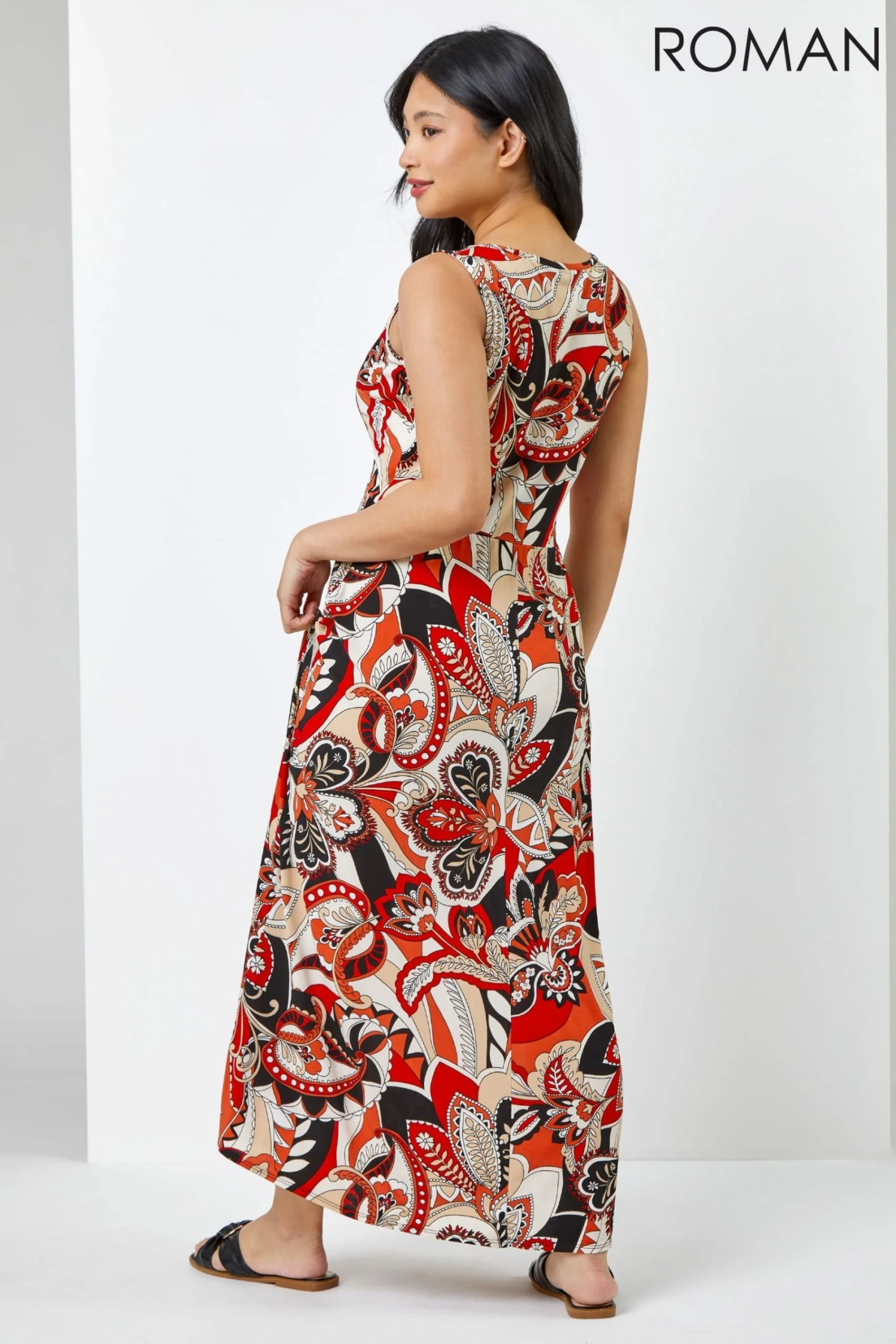 Roman Orange & Red Petite Paisley Print Tie Neck Maxi Dress 4 Roman Orange & Red Petite Paisley Print Tie Neck Maxi Dress - Image 2
