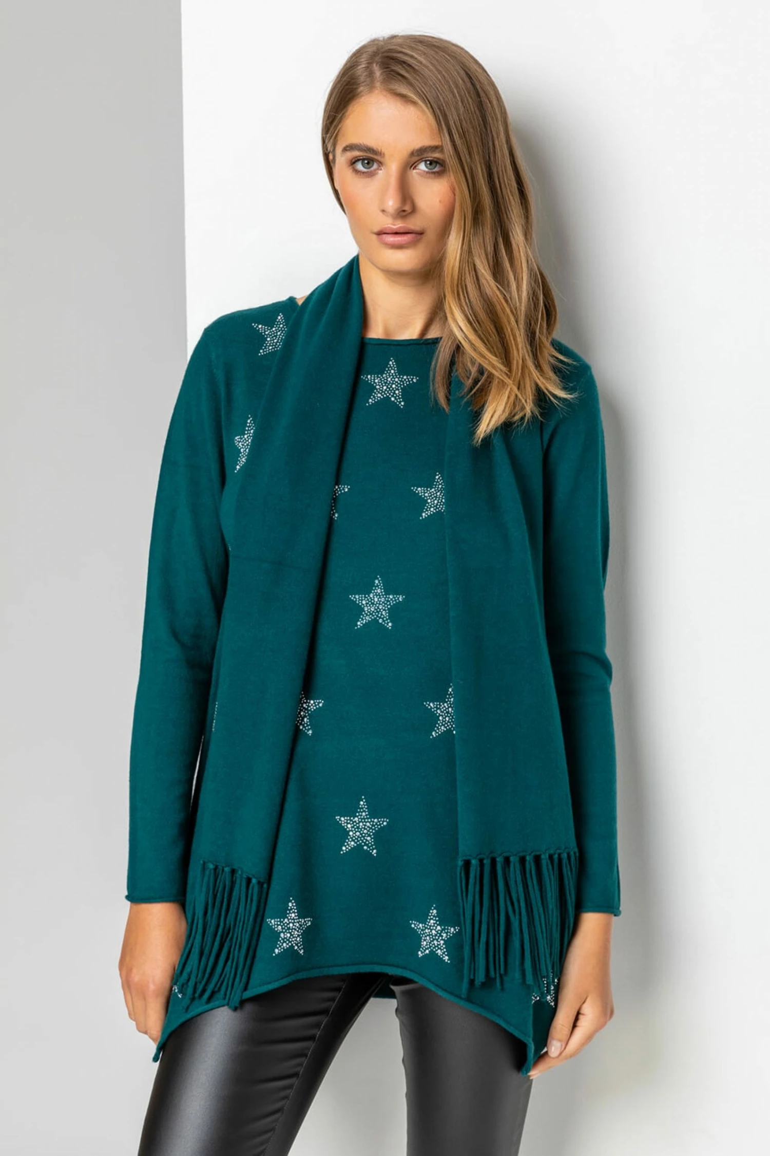 Roman Green Star Print Knitted Tunic With Tassel Scarf 6 Roman Green Star Print Knitted Tunic With Tassel Scarf - Image 4