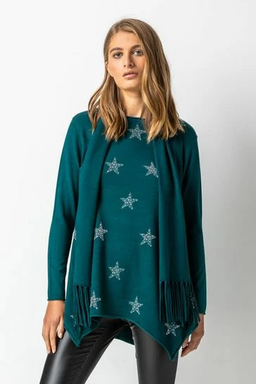 Roman Green Star Print Knitted Tunic With Tassel Scarf 8 Roman Green Star Print Knitted Tunic With Tassel Scarf - Image 6