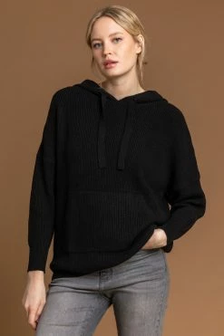 Roman Black Ribbed Knit Drawcord Hoodie