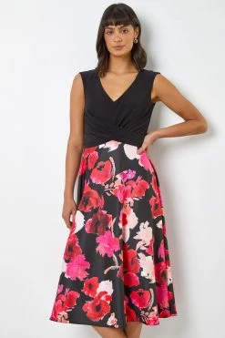 Roman Black & Pink Floral Print Twist Detail Fit & Flare Dress